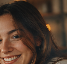 Emma smiling in a warm cafe setting